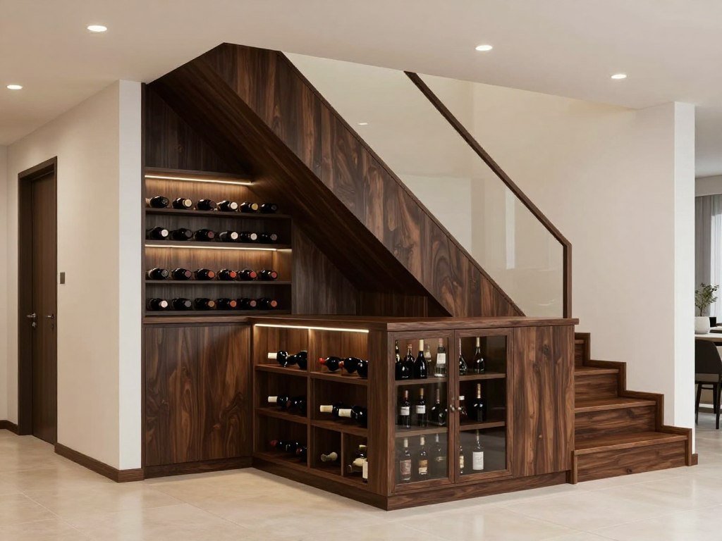 under-staircase area converted to mini bar with custom built-in shelving and lighting