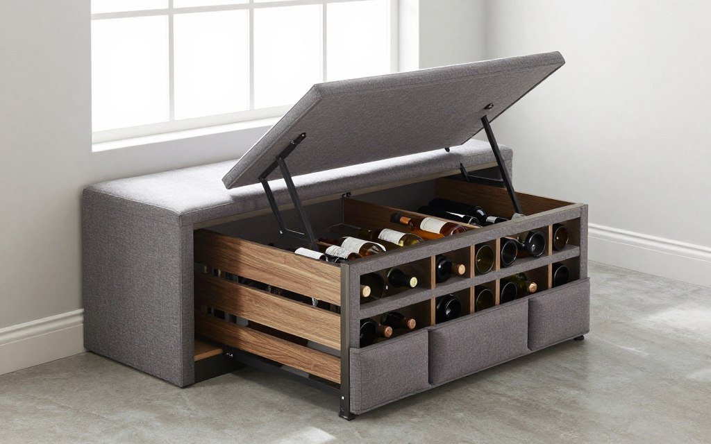 upholstered storage bench with lift-top lid open showing organized bar storage inside