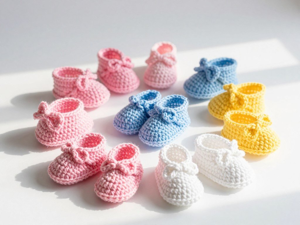 variations of crochet baby booties in different colors