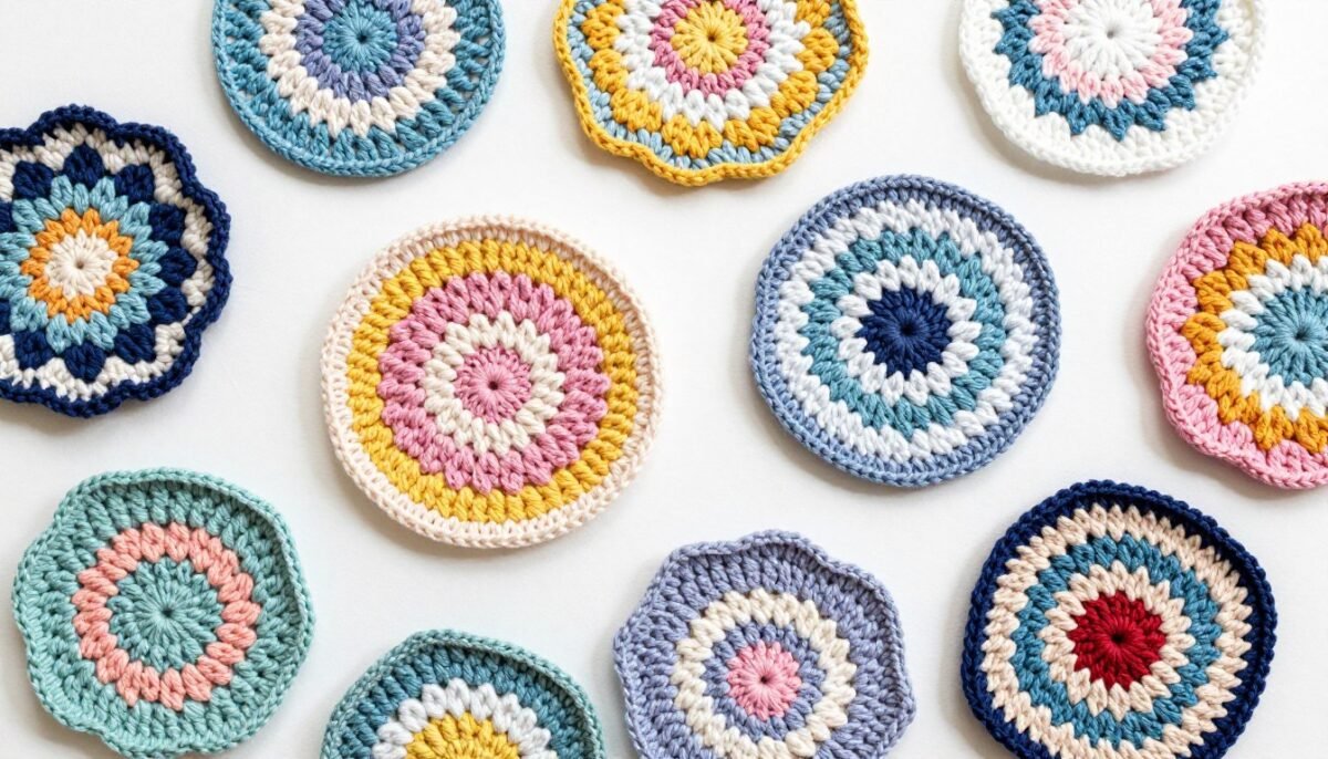 variety of crochet coasters in different color combinations and patterns