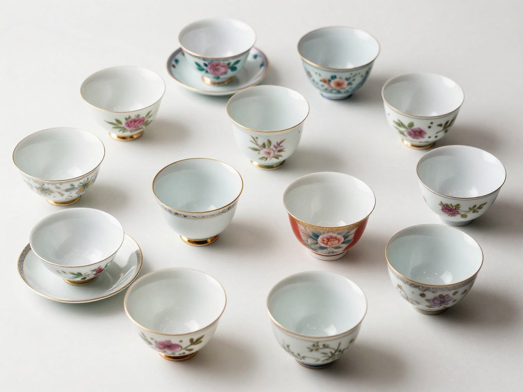 variety of tea cup styles including bone china and porcelain arranged for display