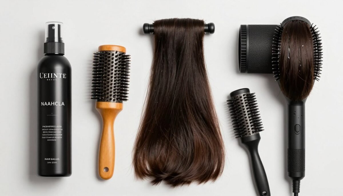 various styling products and tools for thin hair arranged professionally