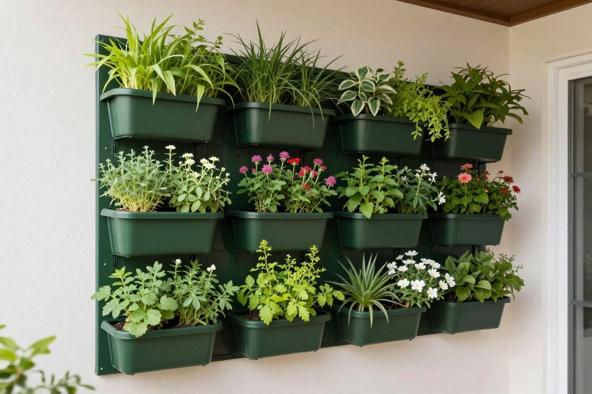 vertical garden wall on small front porch with mounted planters and greenery
