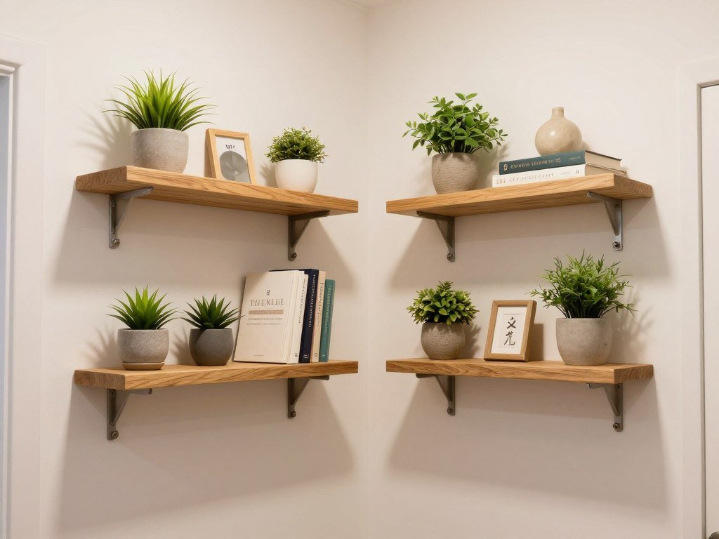 vertical wall storage in narrow hallway with floating shelves and hooks