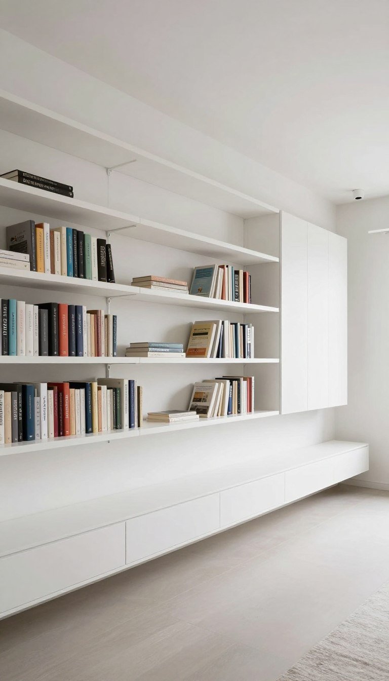 vertical wall storage in small sitting room with floating shelves
