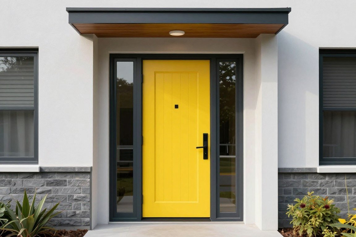 vibrant colored front door as focal point of small porch design