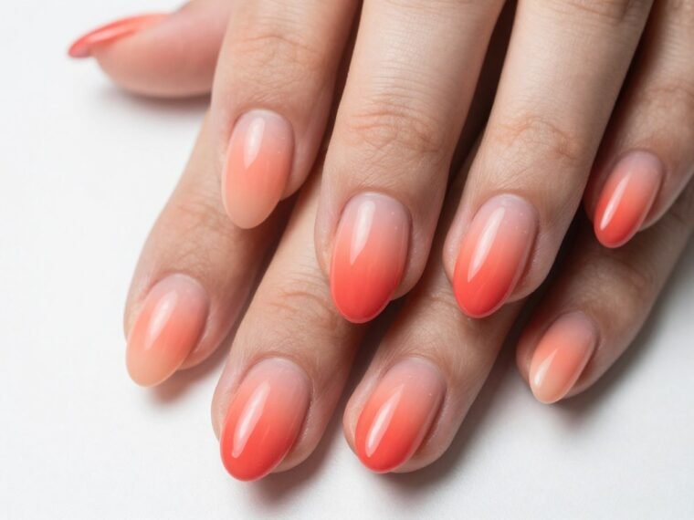 vibrant coral ombre summer nail design with gradient sunset colors