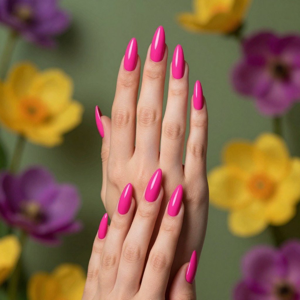 vibrant hot pink May nails with high gloss finish