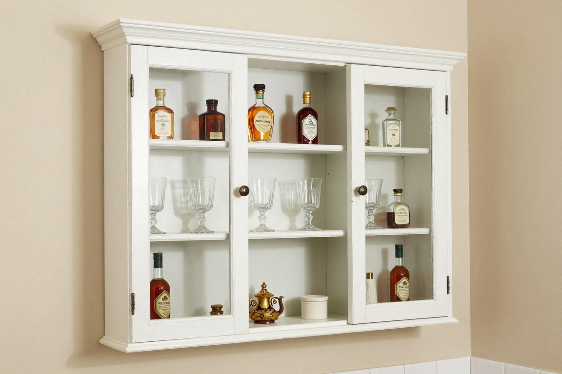 vintage medicine cabinet mounted on wall styled as mini bar with small bottles and glassware