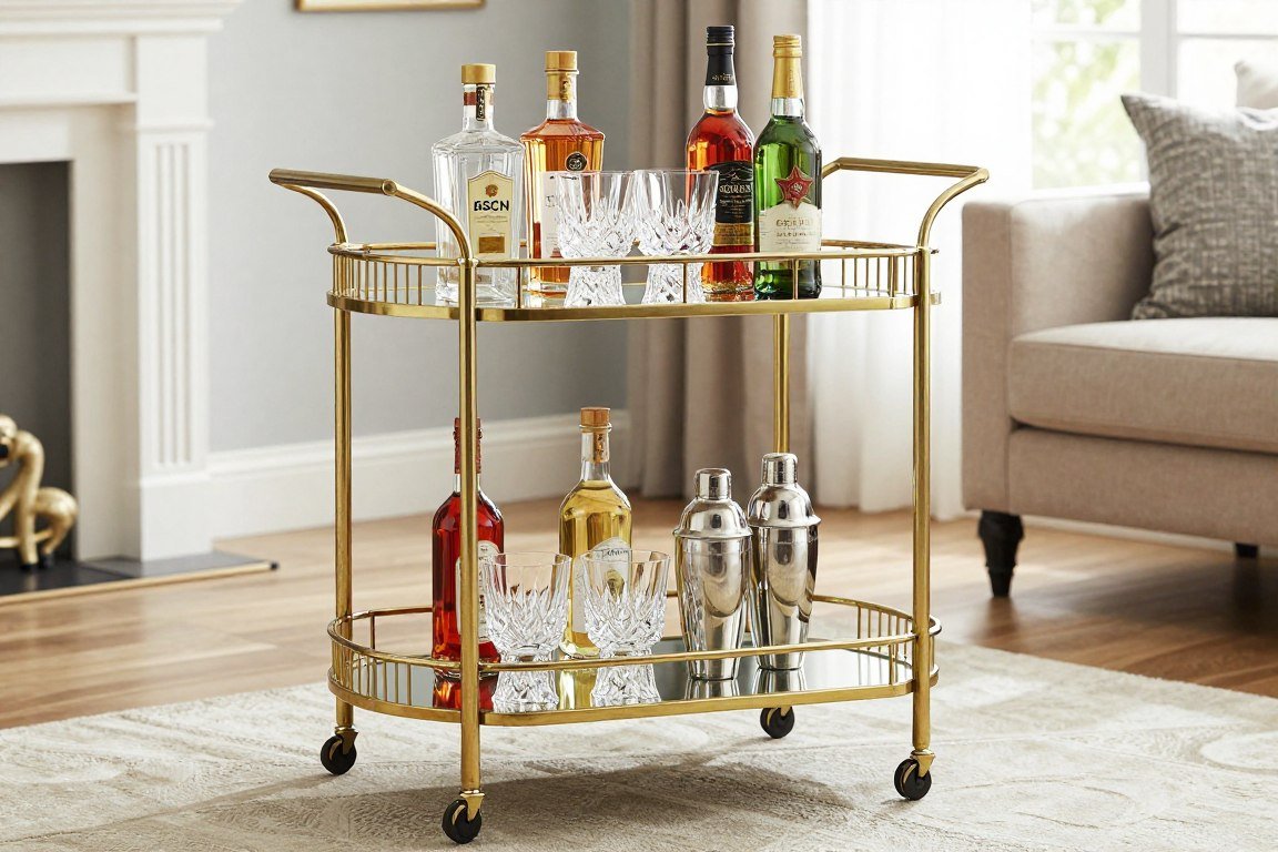 vintage-style serving trolley set up as mobile bar cart