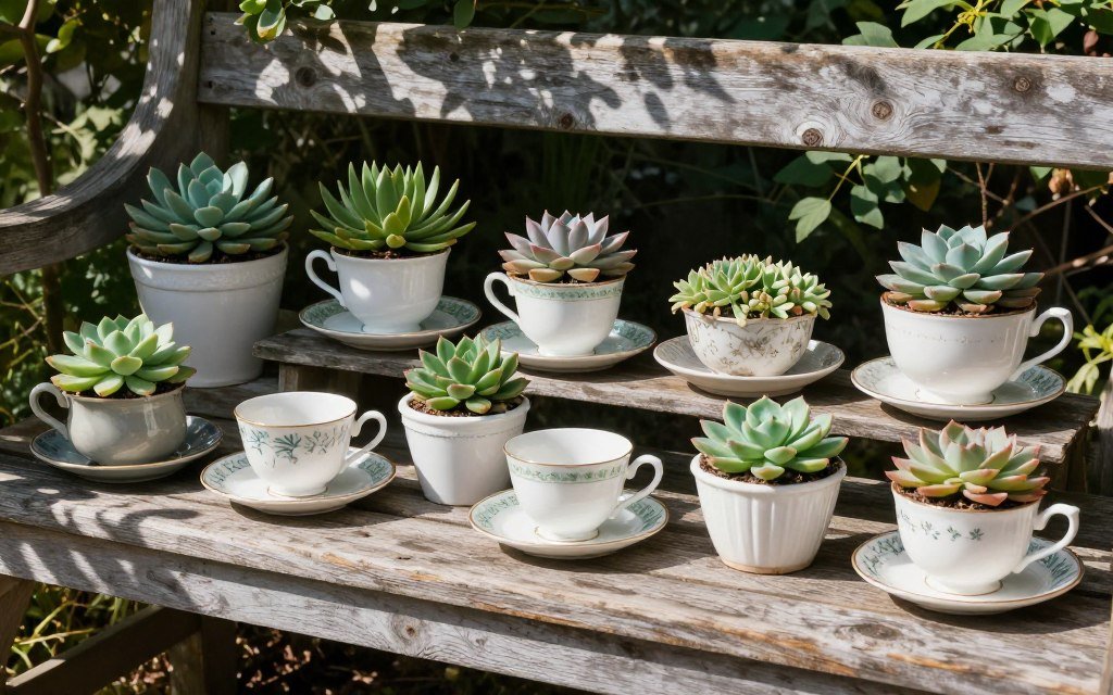 vintage tea cups repurposed as succulent planters in garden