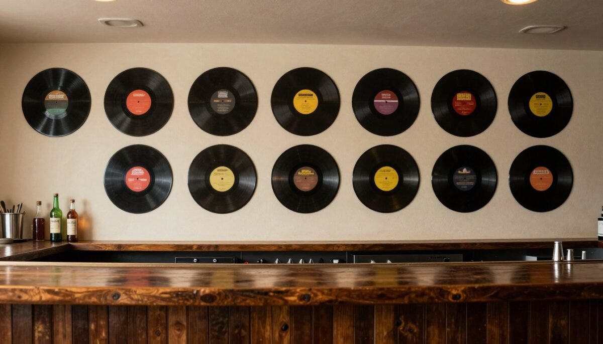 vintage vinyl records mounted as wall art behind bar