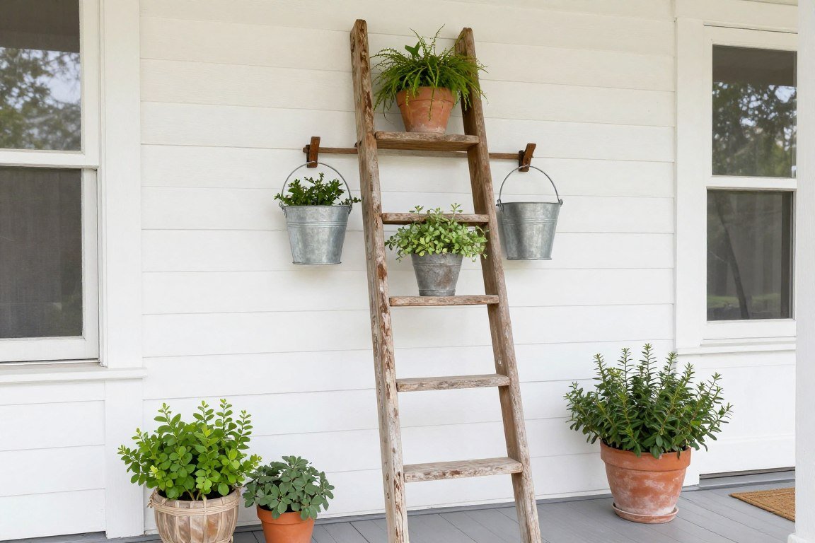 vintage wooden ladder used as porch display shelf