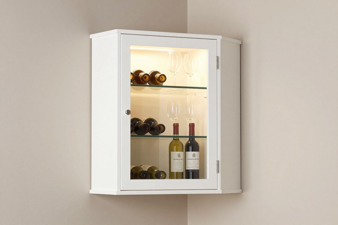 wall-mounted corner cabinet with glass door displaying wine and barware at eye level