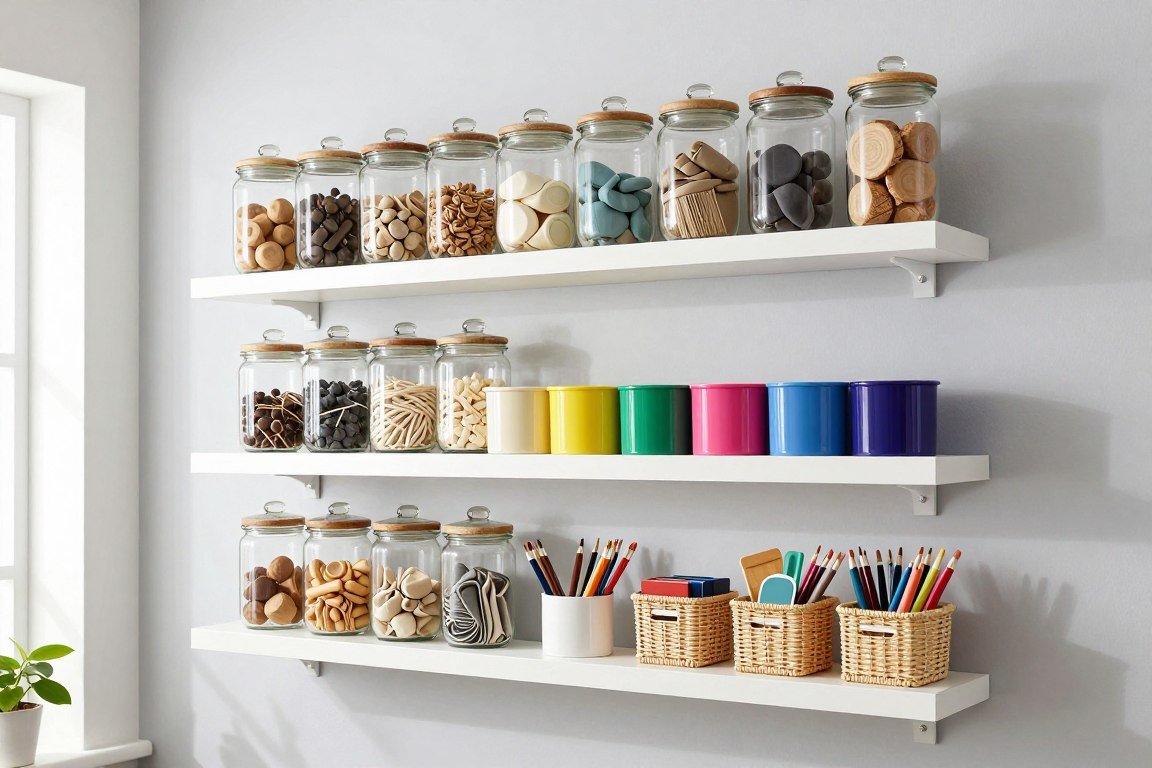 wall-mounted floating shelves displaying organized craft supplies in glass jars