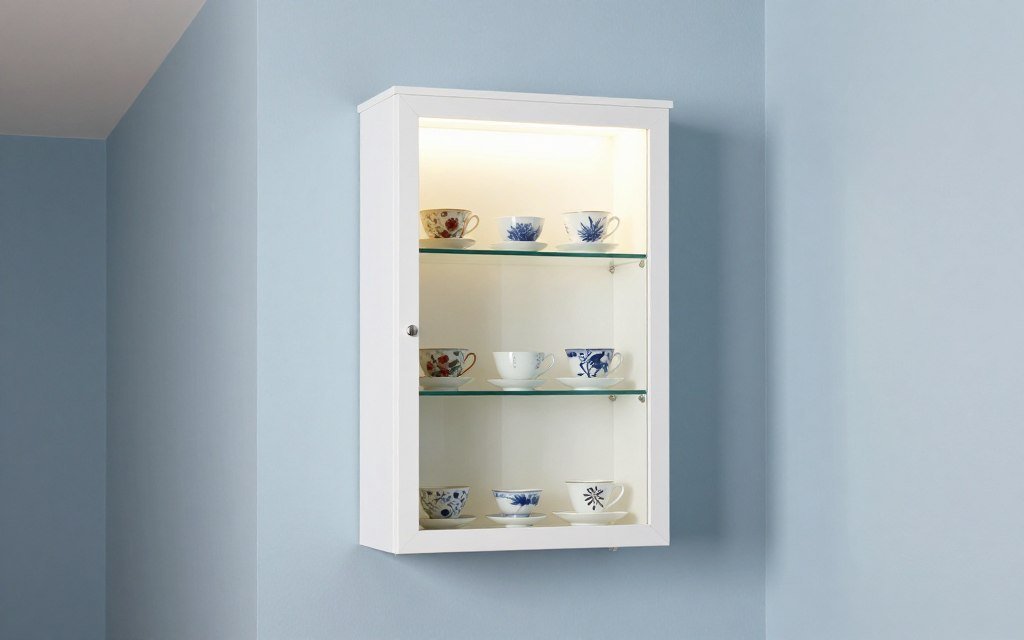 wall mounted glass cabinet in hallway displaying tea cup collection