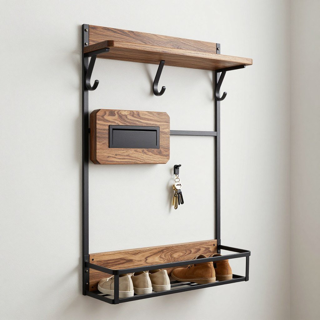 wall-mounted organizer with hooks and shelves
