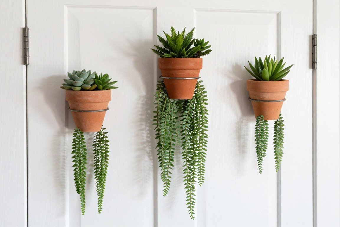 wall mounted planters with succulents on bedroom door