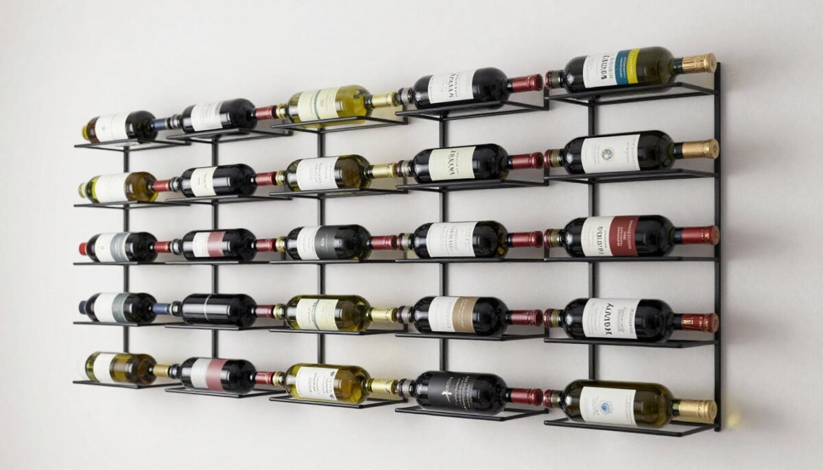 wall-mounted wine rack with bottles displayed vertically