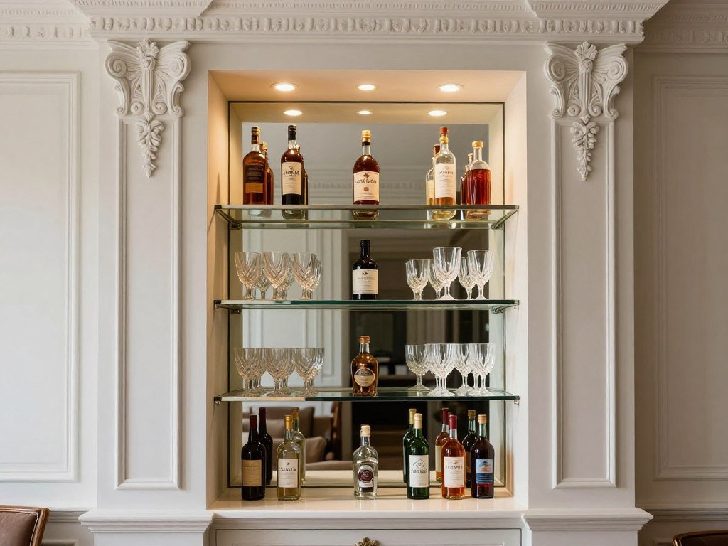 wall niche with built-in shelving converted to elegant mini bar with accent lighting