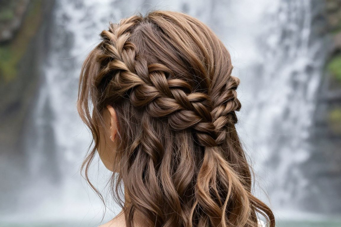 waterfall braid half-up hairstyle showing intricate detail for thin hair