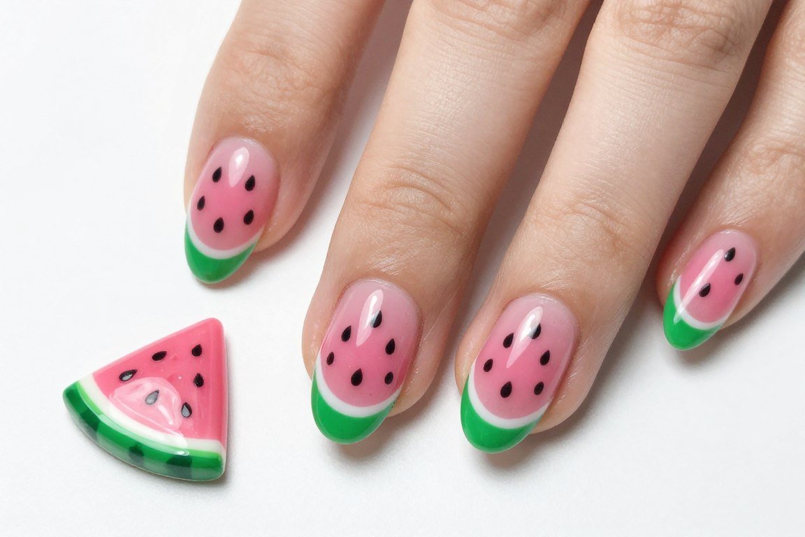 watermelon nail art design with pink and green colors