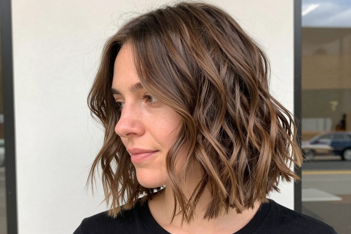 wavy bob haircut showcasing natural texture on fine hair
