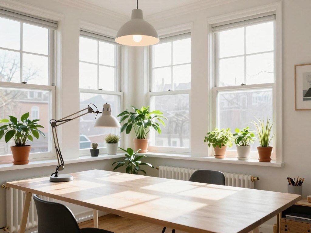 well-lit craft room with natural light and task lighting