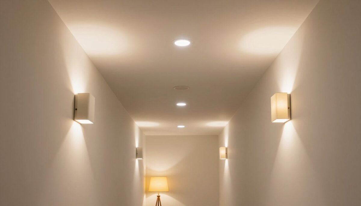 well-lit narrow hallway with multiple light sources