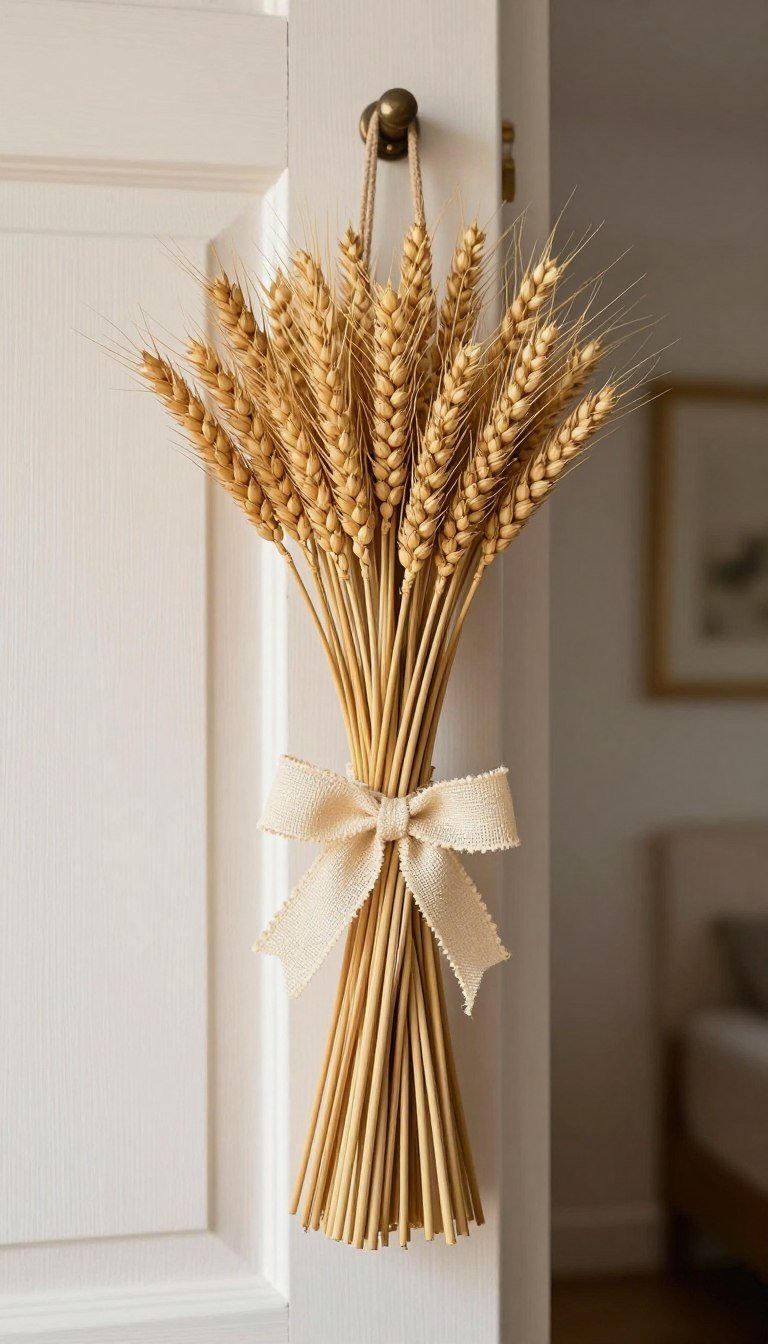 wheat bundle tied with ribbon on bedroom door