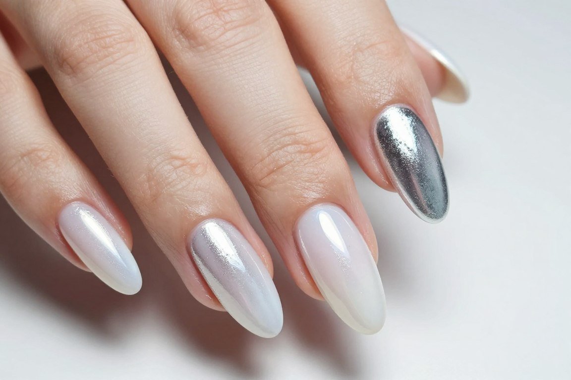 white chrome nails with reflective metallic finish