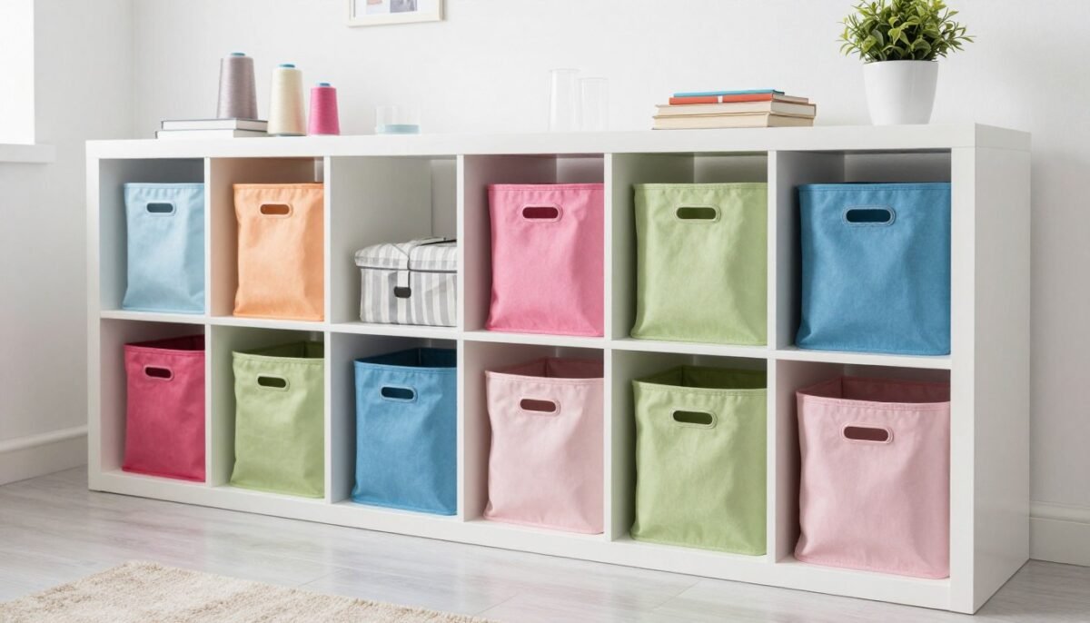 white cube storage unit with colorful fabric-filled bins in each cubby