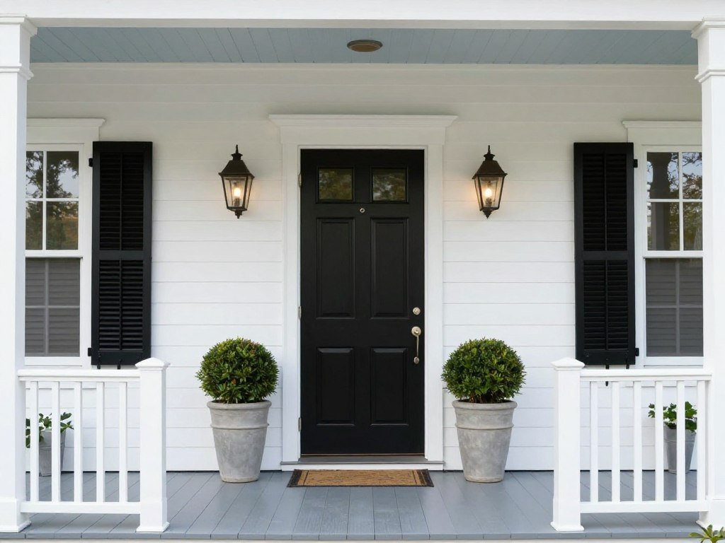 white farmhouse porch with black door and matching shutters