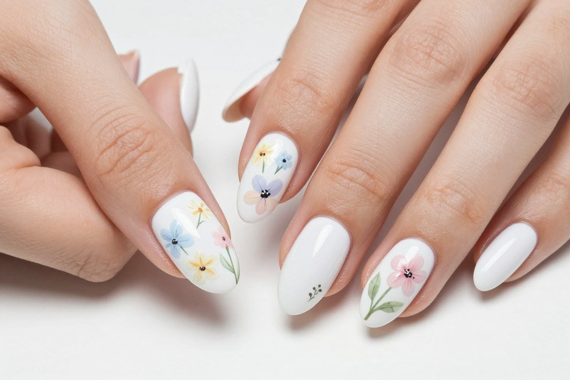 white nails with delicate hand-painted summer flowers