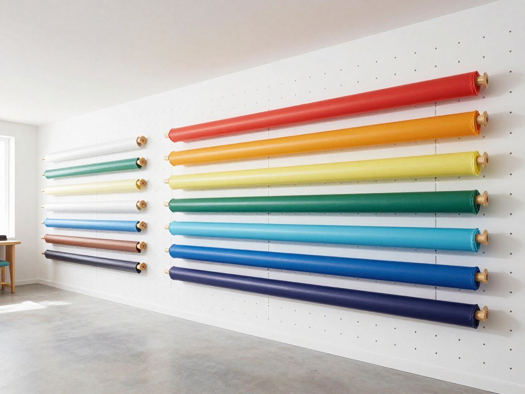 white pegboard wall with fabric rolled on dowels and hanging in organized rows
