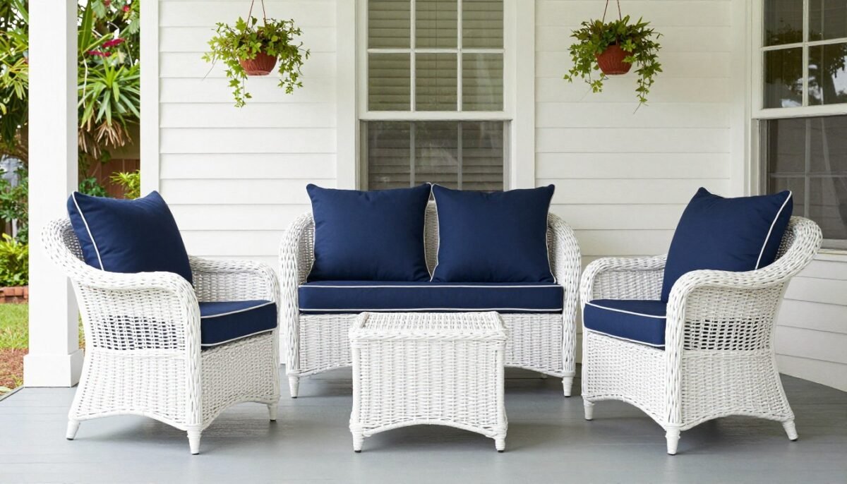 white wicker furniture set on farmhouse porch