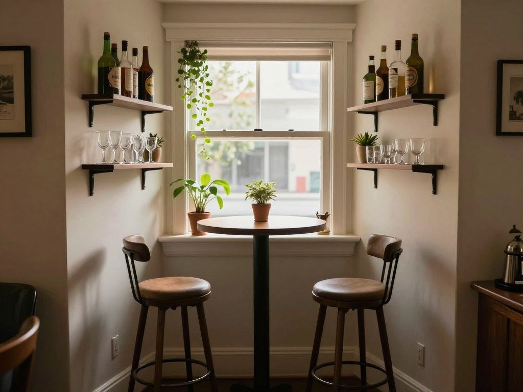 window nook with small table, bar stools, and wall-mounted shelves creating cozy bar area