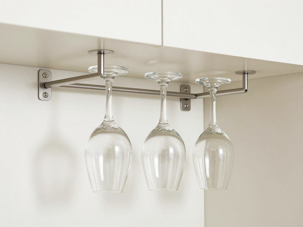 wine glasses hanging from tension rods under cabinet