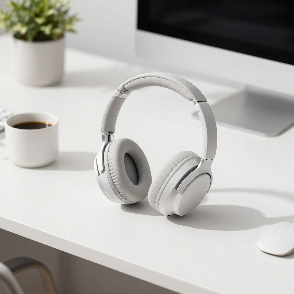 wireless headphones on office desk