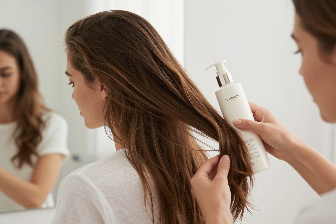 woman applying hair care products to long thin hair