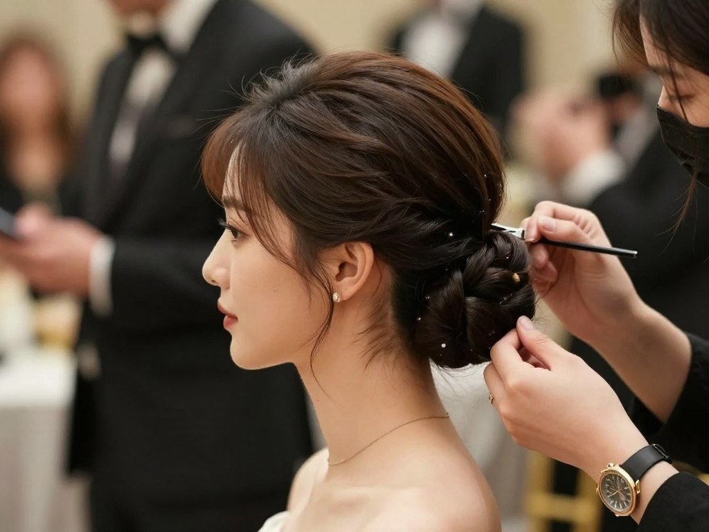 woman at formal event with maintained hairstyle showing longevity