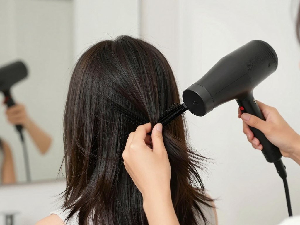 woman blow-drying her lob with proper technique for volume