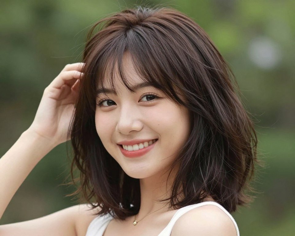 woman confidently showing off new medium length haircut for thin hair