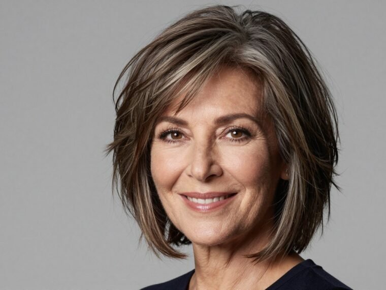 woman over 50 with modern shag haircut showing volume and movement