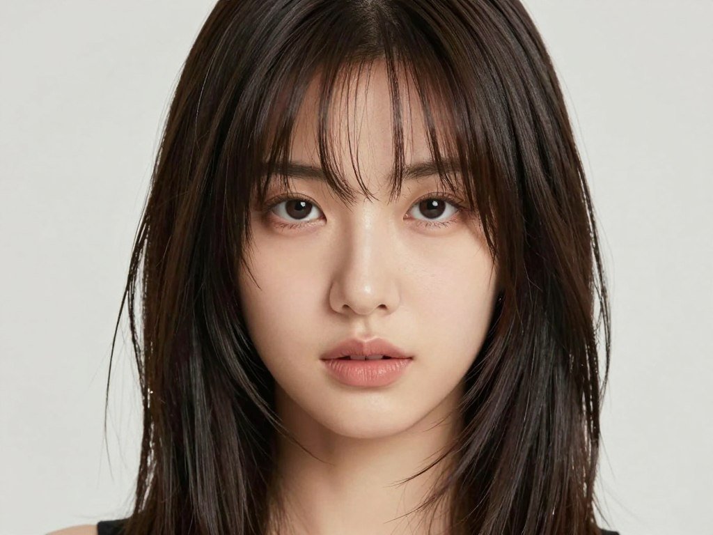 woman showing face-framing layers on long thin hair from front view