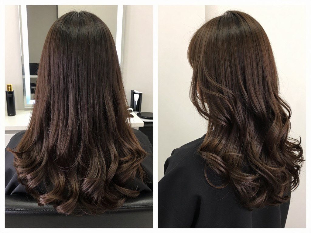 woman with long thin hair showing bouncy blowout curls from multiple angles