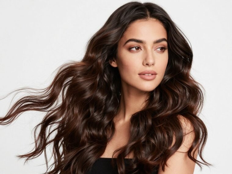 woman with long thin hair styled in voluminous waves