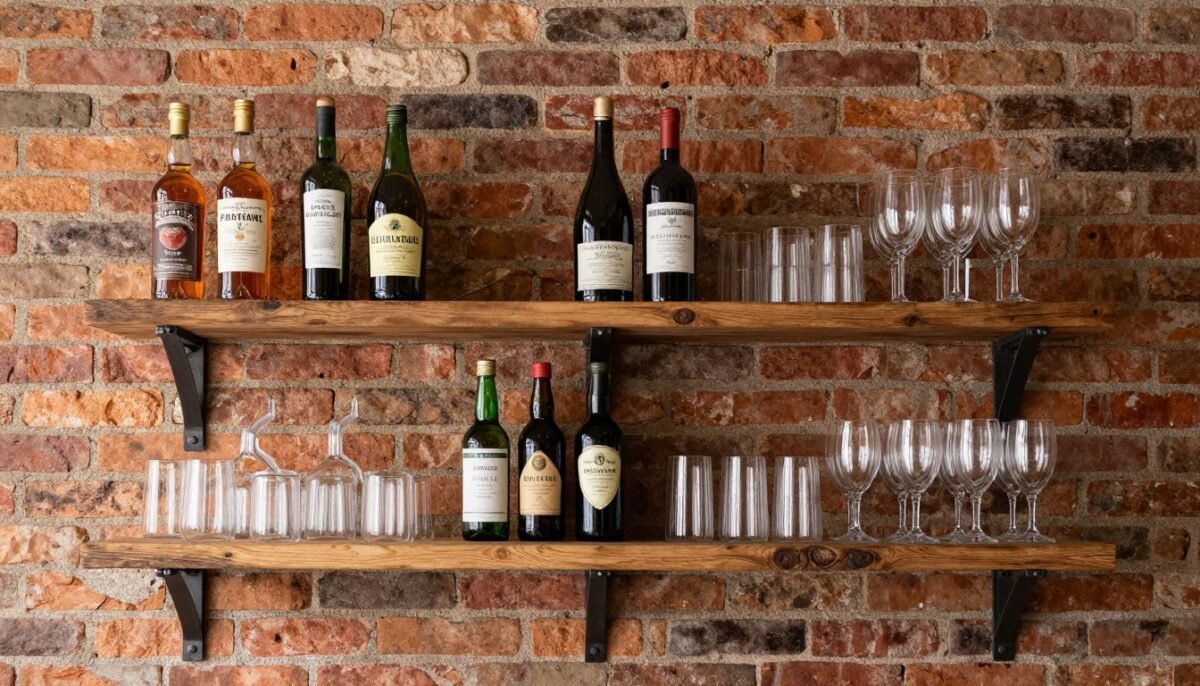 wood shelves with decorative metal brackets for bar storage