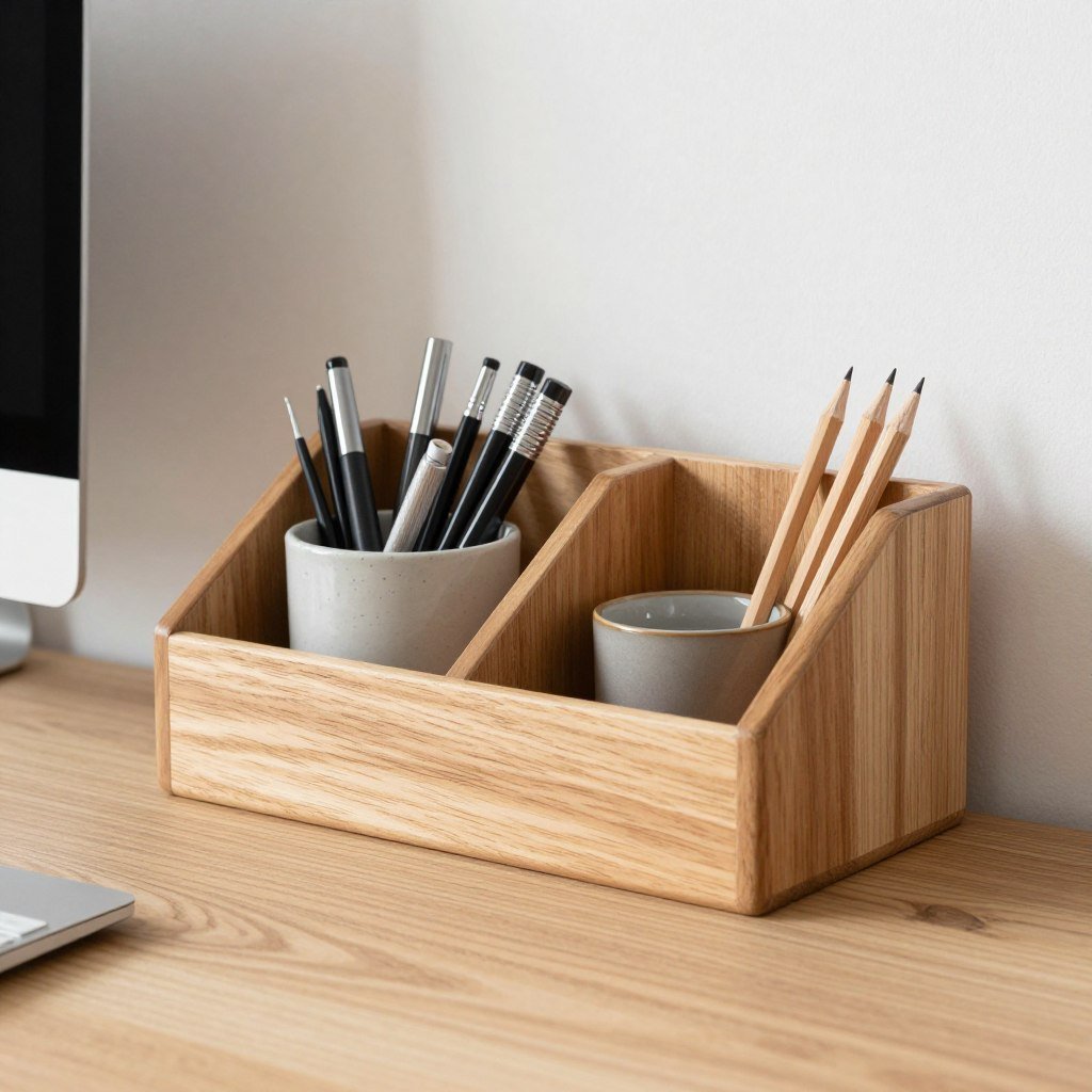 wooden desk organizer with office supplies