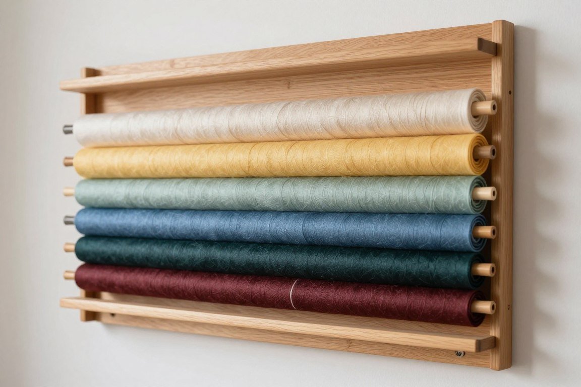 wooden dowel rods mounted on wall holding rolled fabric in color-coordinated arrangement